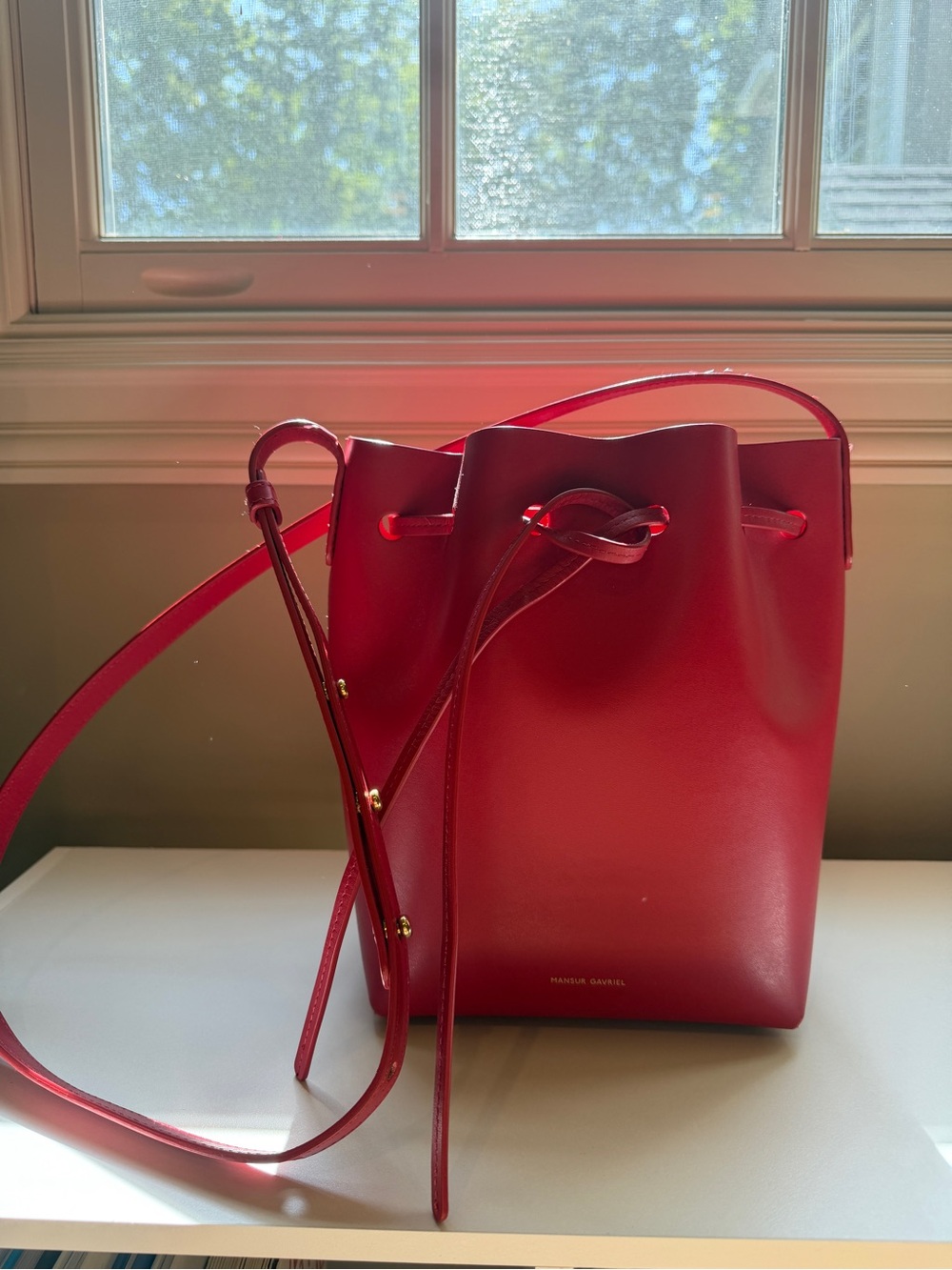 Mansur Gavriel Cherry Red Leather Bucket Crossbody
